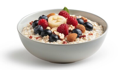 Delicious Nutritious Oatmeal Bowl with Fresh Fruits and Nuts on White Background for Food Magazine, Studio Shot