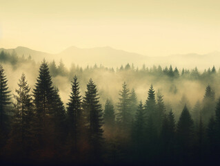 Obraz premium Misty landscape with fir forest