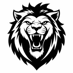 A powerful and evocative black and white illustration of a lion's head, roaring with intensity. Its sharp teeth and fierce expression command attention. 