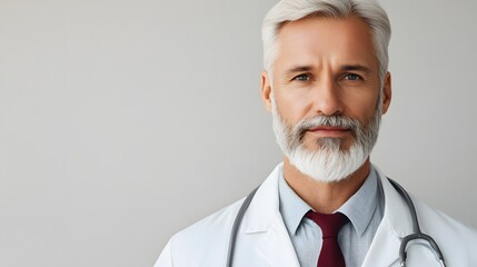 Senior physician looking into the camera against a plain white background, showcasing experience and professionalism