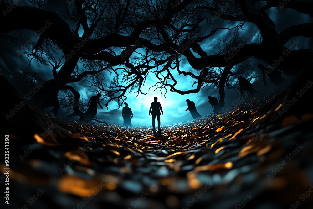 Poster eerie forest scene with silhouettes of people and twisted trees, illuminated by a blue mystical ligh