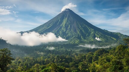Fototapeta premium Volcanic Mountain Peak in Lush Tropical Landscape