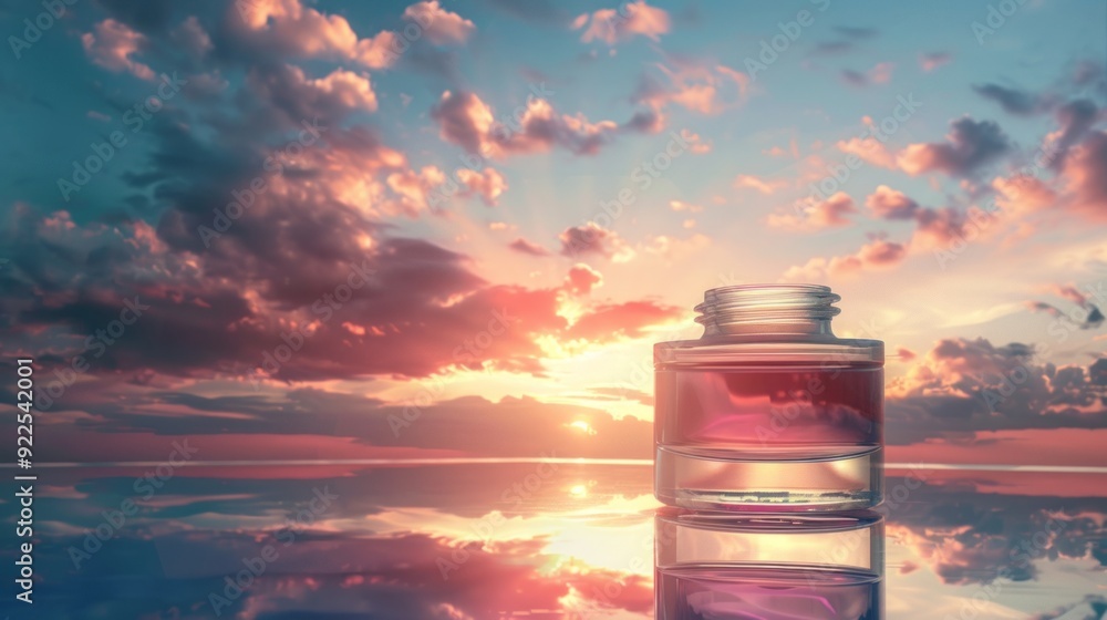 Poster a jar filled with colored liquid stands on calm water as the sun sets, casting brilliant colors in t