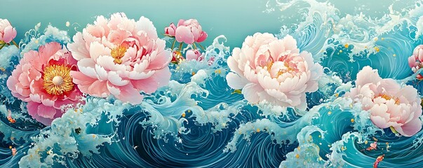 A vibrant blue wave with white foam crashes over delicate pink peonies. The image is a mix of water and flowers, with a hint of gold flecks for added texture.