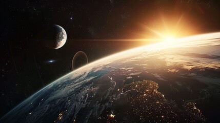 Earthrise with a Distant Moon and Sun Flare