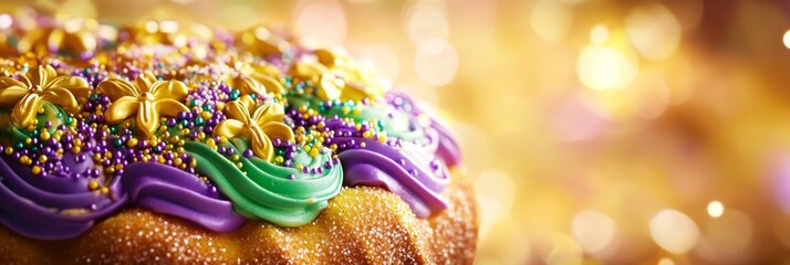 Mardi Gras Celebration: King Cake Glory Sparkles with Festive Joy in a Shower of Louisiana's Purple, Green, and Gold Confetti.