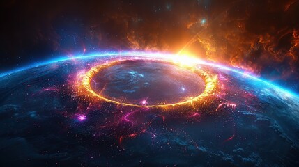 Obraz premium Radiant Cosmic Vortex, a mesmerizing display of swirling lights and shapes, features a luminous elliptical border that evokes the grandeur of a distant galaxy.