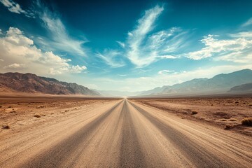 A long, barren gravel road meanders toward the distant horizon, framed by an arid and rugged mountainous landscape beneath a beautifully vibrant sky full of swirling clouds and colors