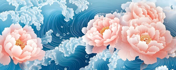 Obraz premium Delicate pink peonies with golden accents bloom atop a swirling blue ocean with white clouds.