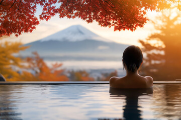 Woman enjoy Onsen overlooking Mount Fuji and fall foliage in Autumn season from luxury hotel room