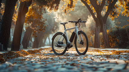 Fototapeta premium eco-friendly transportation with a sleek electric bicycle parked on a peaceful, tree-lined street. Soft morning light highlights the clean lines and sustainable design of this modern green mobility so