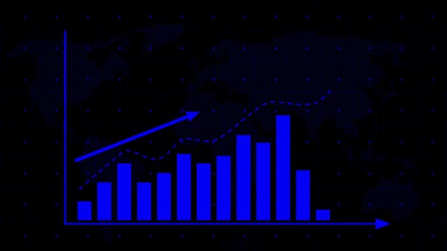  Business infographics with rising arrow and bar stats appearing. Rising bar graph following the arrow with dotted world map. 3d render.