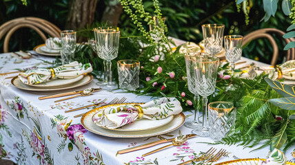 Fototapeta premium Table decor in a summer garden, holiday tablescape and dinner table setting, formal event decoration for wedding, family celebration, English country and home styling idea