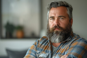 Stern large man with gray beard and hair crosses arms. Middle aged caucasian looks directly at camera with serious expression. Concept of masculinity and authority. Blurred background with copy space