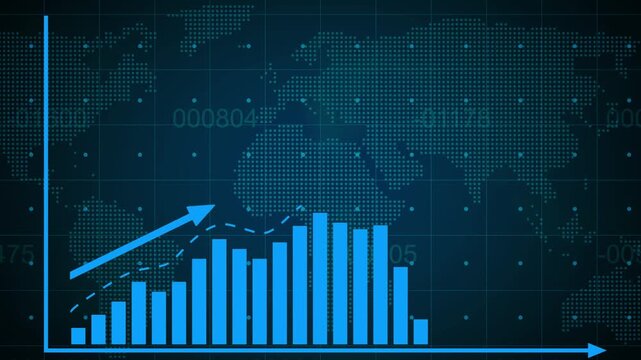  Business infographics with rising arrow and bar stats appearing. Rising bar graph following the arrow with dotted world map. 3d render.
