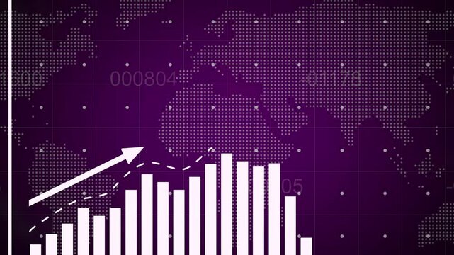  Business infographics with rising arrow and bar stats appearing. Rising bar graph following the arrow with dotted world map. 3d render.