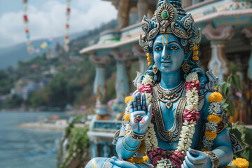 Fototapeta premium Statue of Indian deity sitting in meditative pose, decorated with garlands of flowers by river against backdrop of ancient palaces and mountain landscape, with copy space