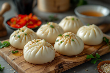 Delicious steamed Chinese dumplings garnished with sesame seeds on a wooden board in a closeup