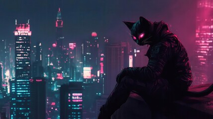 Fototapeta premium Shadowy assassin with a sleek cat head, poised on a rooftop at midnight, glowing city below, dark fantasy theme