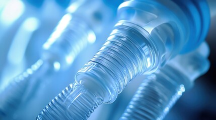 Close-up of medical equipment hoses, showcasing their intricate design and clarity in a blue-toned environment.