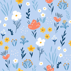 Bright spring pattern with flower and leaves. Seamless botanical pattern