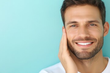 Obraz premium Handsome Young Man Smiling with Clear Skin Against Turquoise Background