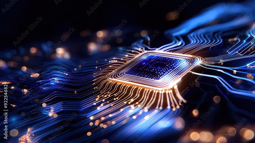 Poster close-up of a glowing cpu chip on a circuit board.