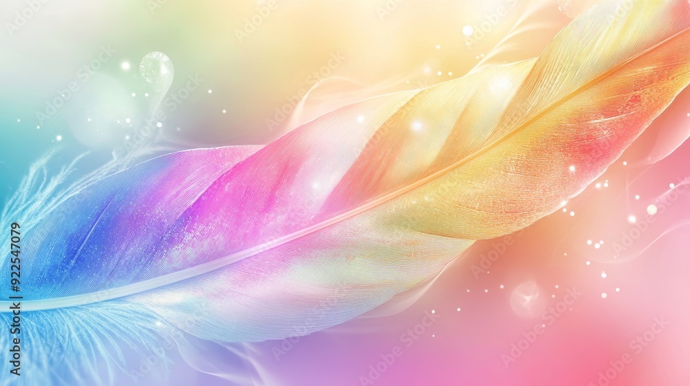 Canvas Prints A vibrant and colorful feather with iridescent hues against a soft, ethereal background. The image symbolizes lightness, beauty, creativity, inspiration, and tranquility.