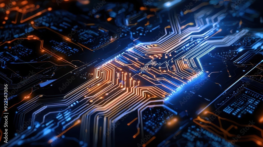 Poster abstract futuristic digital circuit board with glowing lines.