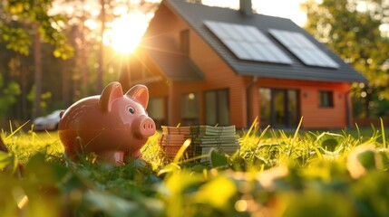 A vibrant scene of a home with solar panels, with a piggy bank and a stack of bills placed on the lawn. The bright sunlight envelops the house, underscoring the theme of energy savings and financial