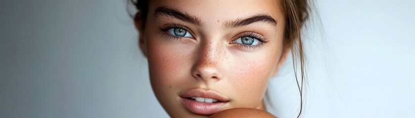 Fototapeta premium Close-up Portrait of a Woman with Blue Eyes, Soft Skin, and a Slight Smile, beauty , portrait , woman , face