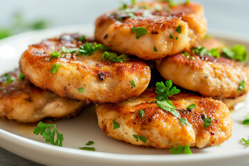 Delicious homemade chicken cutlets with parsley on a plate, grilled to perfection and healthy