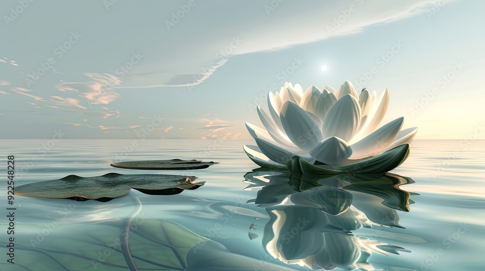 Poster a beautiful white lotus flower floats on the water