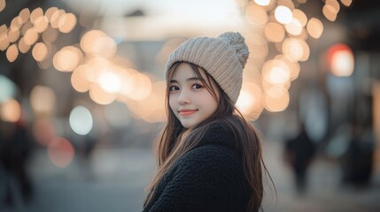 Fototapeta premium Girl in a Knit Hat with Bokeh Lights, winter , portrait , bokeh , city