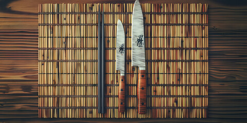 Japanese Chopsticks and Hasami Knife on a Mat