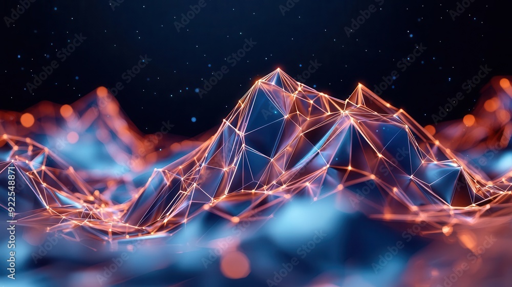 Poster abstract 3d digital landscape with glowing lines and points.