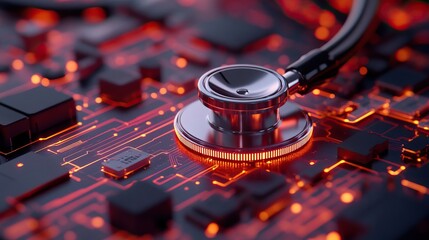 A stethoscope on a circuit board, symbolizing the fusion of technology and healthcare in a modern medical setting.
