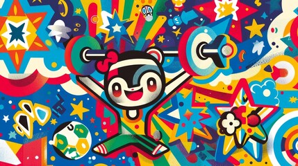 A playful vector vinyl design for a sports competition, featuring a Powerpuff Boy lifting weights, surrounded by a lively mix of sports equipment and stars, with a bold, colorful background.