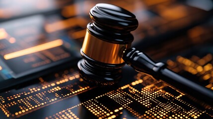 Digital gavel resting on a blockchain network, symbolizing the intersection of legal and technological advancements.