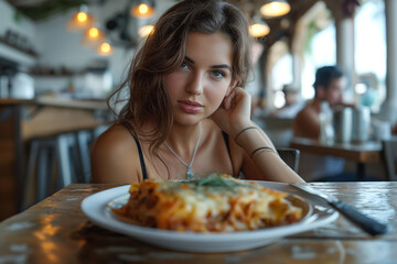 Brunette woman smiling at lasagna dish in casual restaurant with fork on plate