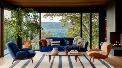 Fototapeta premium Modern living room with navy blue walls and large windows overlooking a forest.