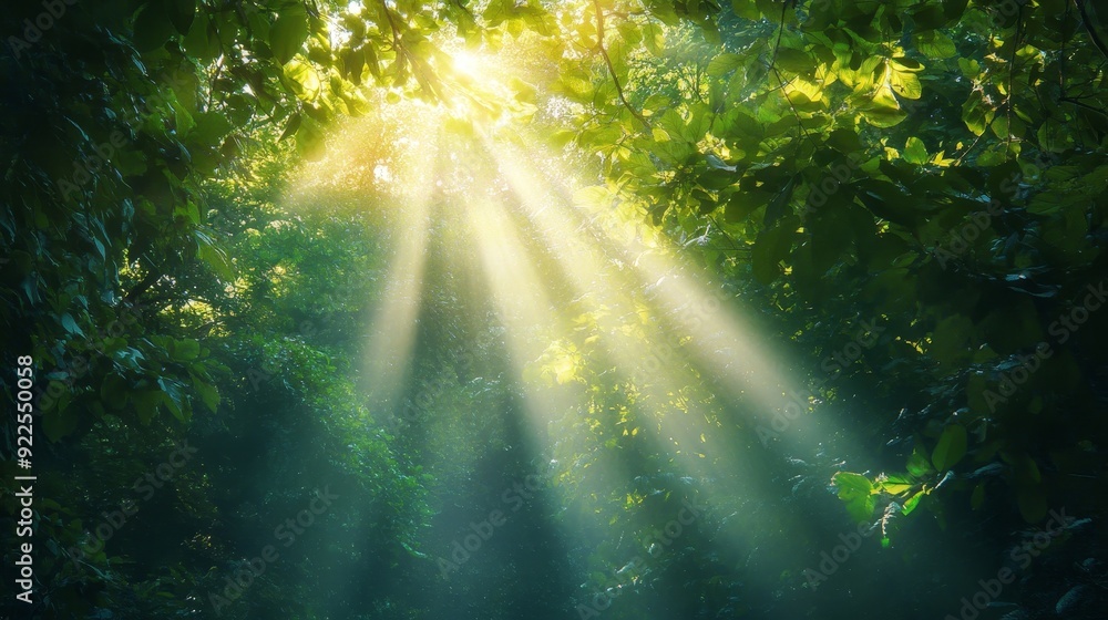 Poster Sunbeams pierce through a dense canopy of green leaves, creating a sense of serenity, growth, and the power of nature.