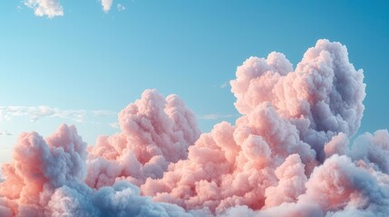 Pink and white fluffy clouds in a blue sky with sun rays shining through