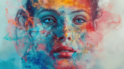 A young woman's face blends into colorful swirls of blue, orange, and red, creating an abstract representation of emotion and creativity
