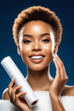 Portrait of beautiful afroamerican model holding a roll of transparent polyethylene food film for packing products on the pastel blue background. Banner oor poster. Commercial Illustration, painting