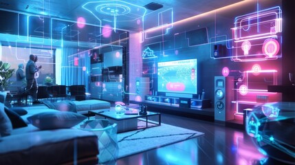 Craft a detailed image of a futuristic home filled with smart technology. Show a family using devices like voice-activated assistants, smart appliances, and holographic entertainment systems. 