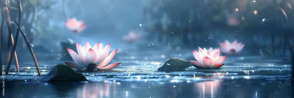 Sticker Two white water lilies bloom in a still pond surrounded by mist and foliage, symbolizing tranquility, beauty, purity, nature, and life.