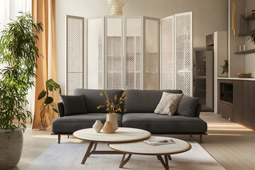 Stylish room interior with table, sofa and folding screen
