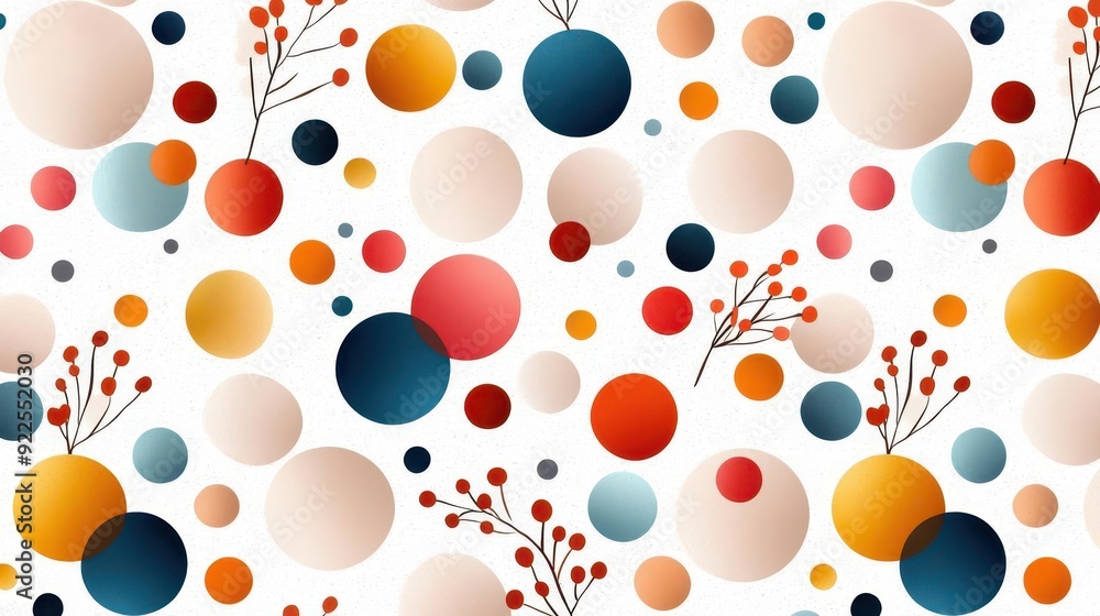 Aufkleber abstract seamless pattern with colorful circles and branches on white background.