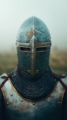 Naklejka premium A close-up of a medieval knight's helmet, showcasing intricate details and weathered metal under a misty atmosphere.